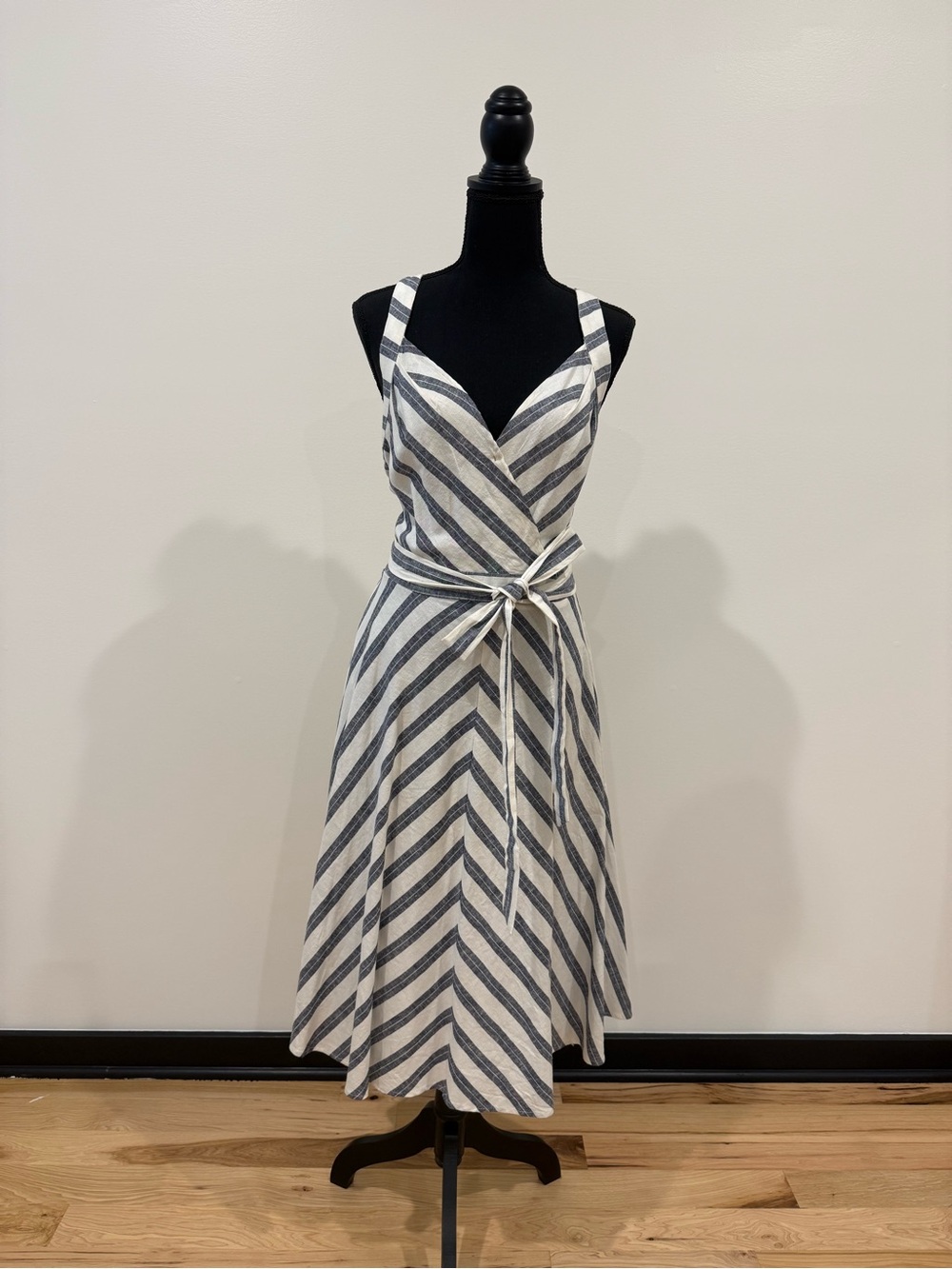 NY&C Blue White Striped Belted Midi Dress Size Medium Coastal